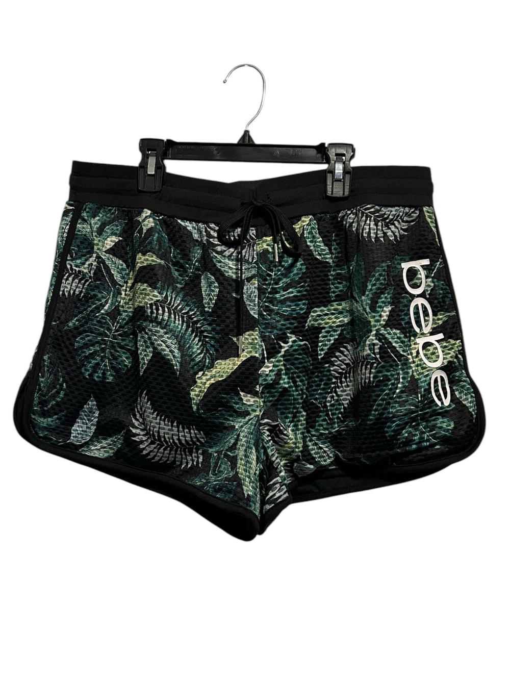 bebe Black Athletic Shorts with Green Tropical Leaf Motif XL